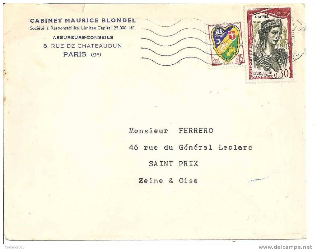 N° Y&t   1303+BLASON   LETTRE    PARIS  Vers  ST PRIX   Le   07 AOUT 1961 - Brieven En Documenten