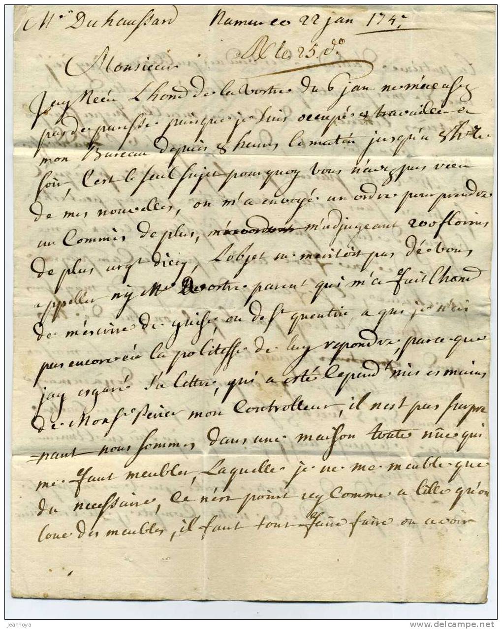 "namur" - SUCCESSION D´AUTRICHE - Le 22/1/1747 - Lettre Entière Avec Taxe 6, Pour LILLE - B - R - Marques D'armée (avant 1900)