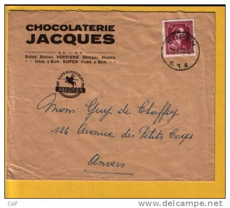 832 Op Brief Met Stempel  EUPEN Met Hoofding "CHOCOLATERIE JACQUES" (Oostkanton - Canton De L´est) - 1936-1957 Offener Kragen