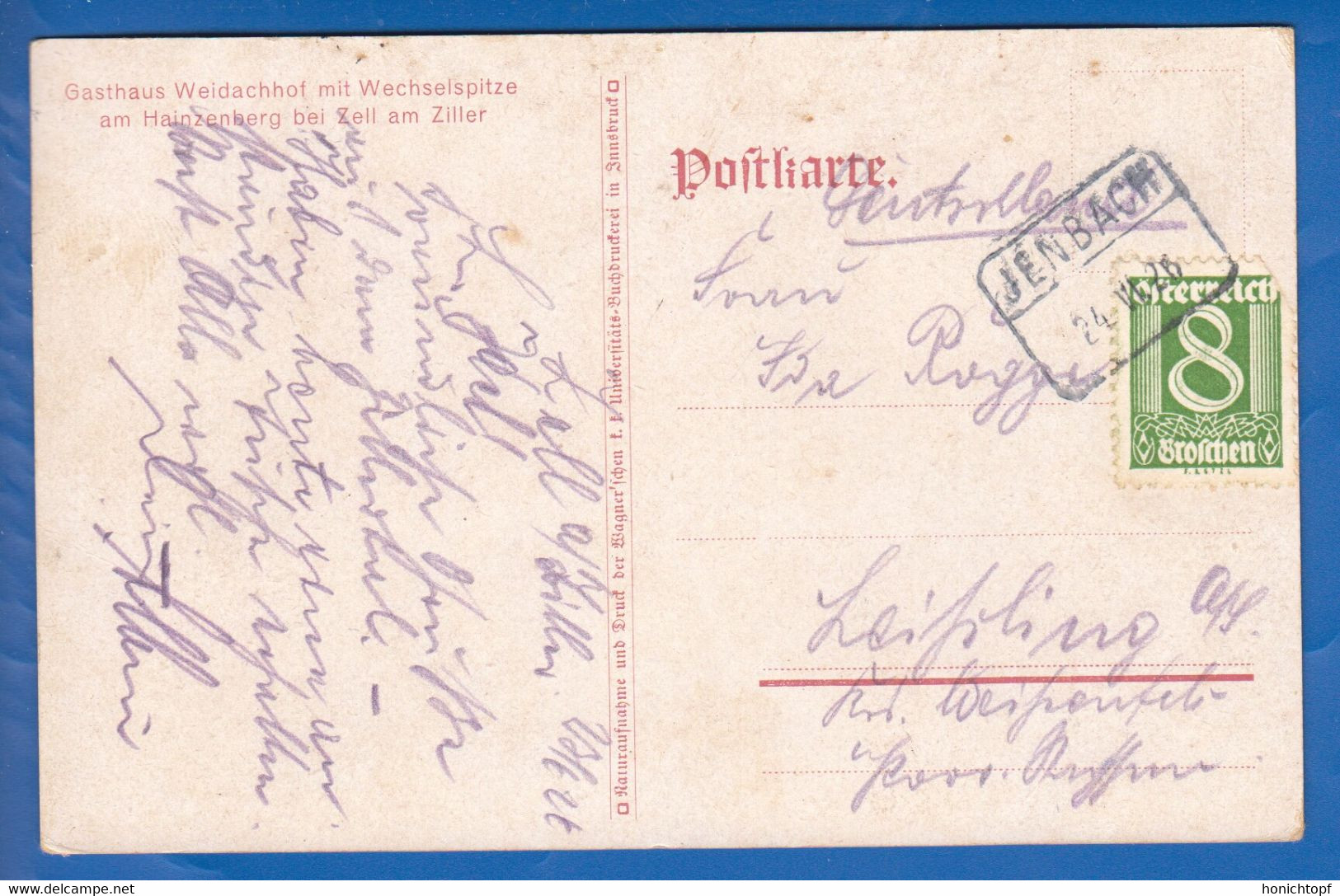 Österreich; Zell Am Ziller; Gasthaus Weidachhof; 1926 Stempel Jenbach - Zillertal