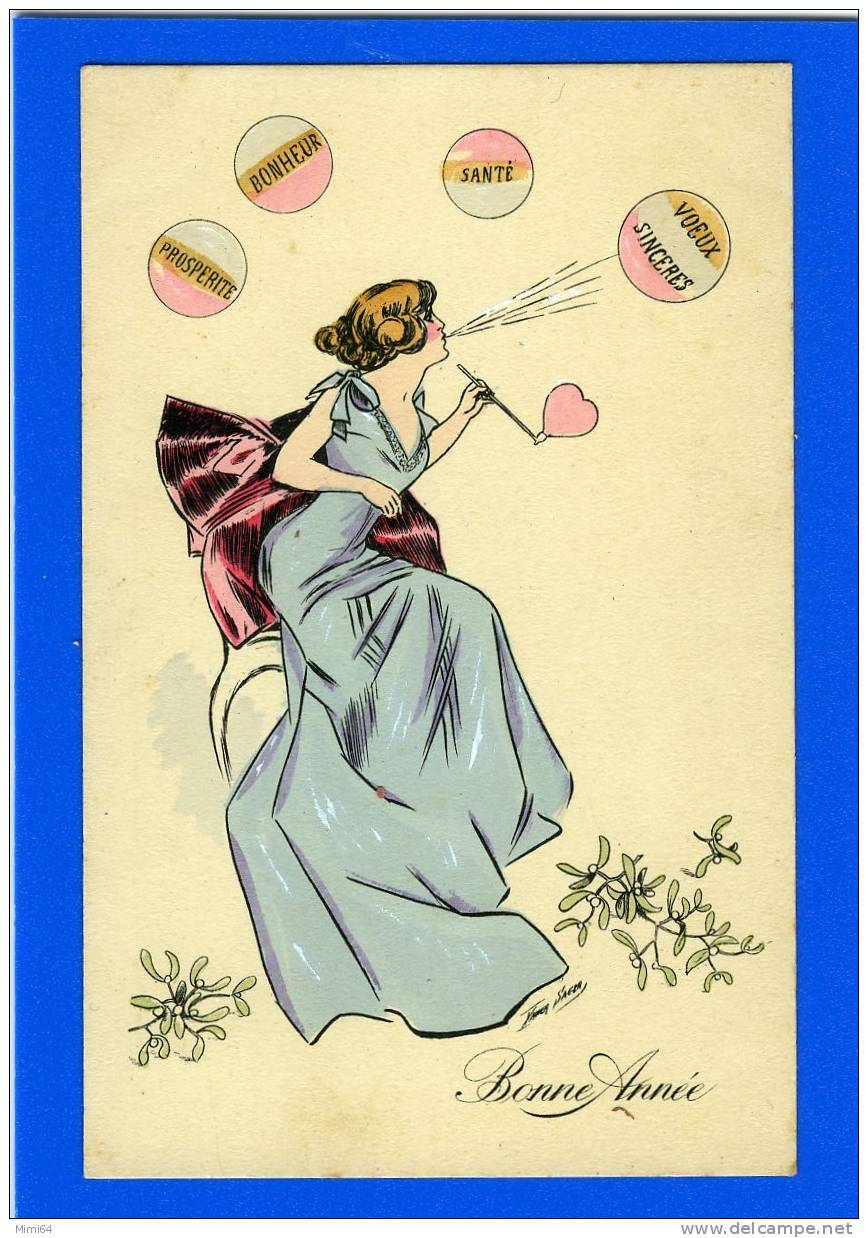 --SAGER  XAVIER--BONNE ANNEE--Prospérité-Bonheur-Santé-Voeux Sincères-Femme-Coeur-Gui- - Sager, Xavier