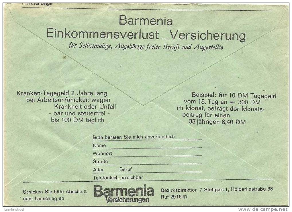 Germany Gyrocover Free Postage Illustrated Reclame Barmenia Versicherungen Assurancy Meter Stuutgart Killesberg 1957 - Sonstige & Ohne Zuordnung