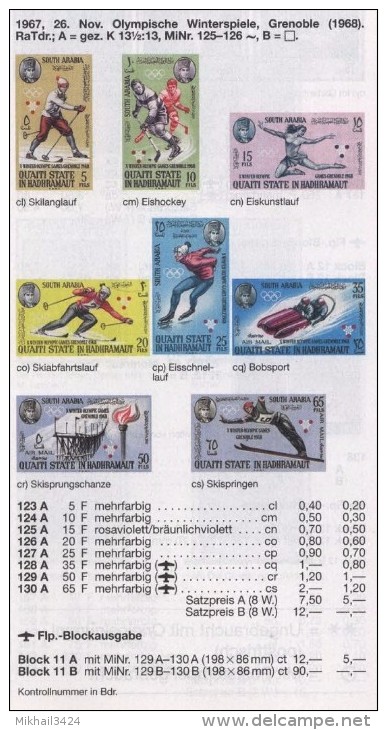 0023 ✅ Olympic Sport Winter Hockey Skiing Figure Skating 1967 Aden MNH 8v+S/s Set MNH ** 19,5ME - Winter 1968: Grenoble