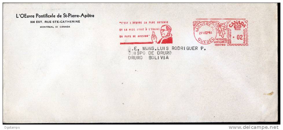 Canada 1958 A Bolivia. ATM "C´est L´oeuvre La Plus Urgente Et La Plus Utile à L´Eglise En Pays De Mission" - Historia Postale