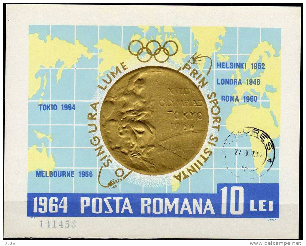 Gewinner Der Olympiade Tokio 1964 Rumänien Block 59 O 12€ Goldmedaille Vor Landkarte Map Bloc Olympic Sheet From Romania - Sommer 1964: Tokio