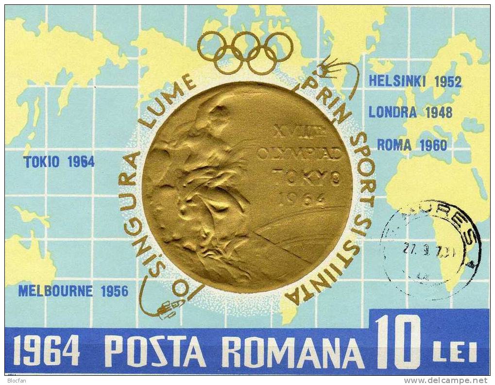 Gewinner Der Olympiade Tokio 1964 Rumänien Block 59 O 12€ Goldmedaille Vor Landkarte Map Bloc Olympic Sheet From Romania - Summer 1964: Tokyo