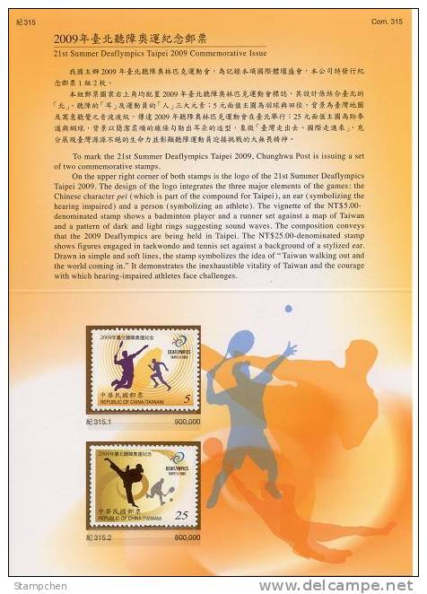 Folder Taiwan 2009 21st Deaflympics Stamps Olympic Games IOC Badminton Taekwondo Tennis Map Disabled Deaf - Neufs