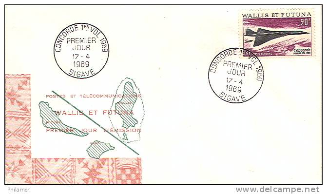 Wallis Et Futuna FDC FFC Premier Vol Aerien Poste Aerienne Concorde Cachet Sigave Avion 17/4/69 BE - FDC