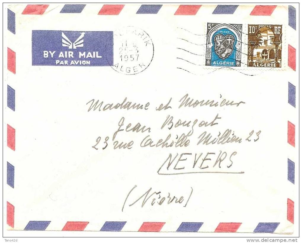 REF LGM - ALGERIE - LETTRE AVION BOUFARIK / NEVERS  MARS 1957 AVEC FERME LETTRE JEUNESSE AU PLEIN AIR - Lettres & Documents