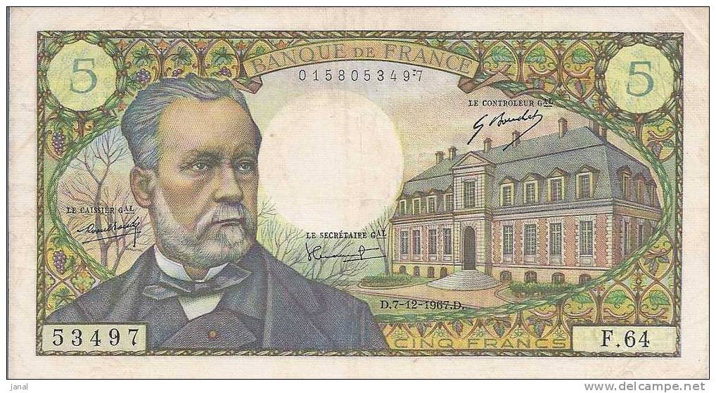 - FRANCE - BILLETS - 5 F - PASTEUR - D - 7 - 12 - 1967 - D - N° 53497 - - 5 F 1966-1970 ''Pasteur''