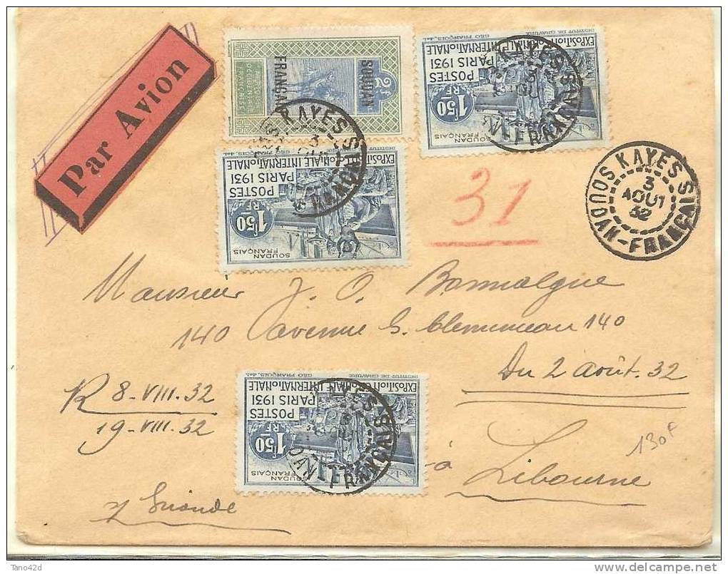 REF LGM - SOUDAN FRANCAIS - LETTRE AVION RECOMMANDEE KAYES / LIBOURNE 3/8/1932 - Other & Unclassified