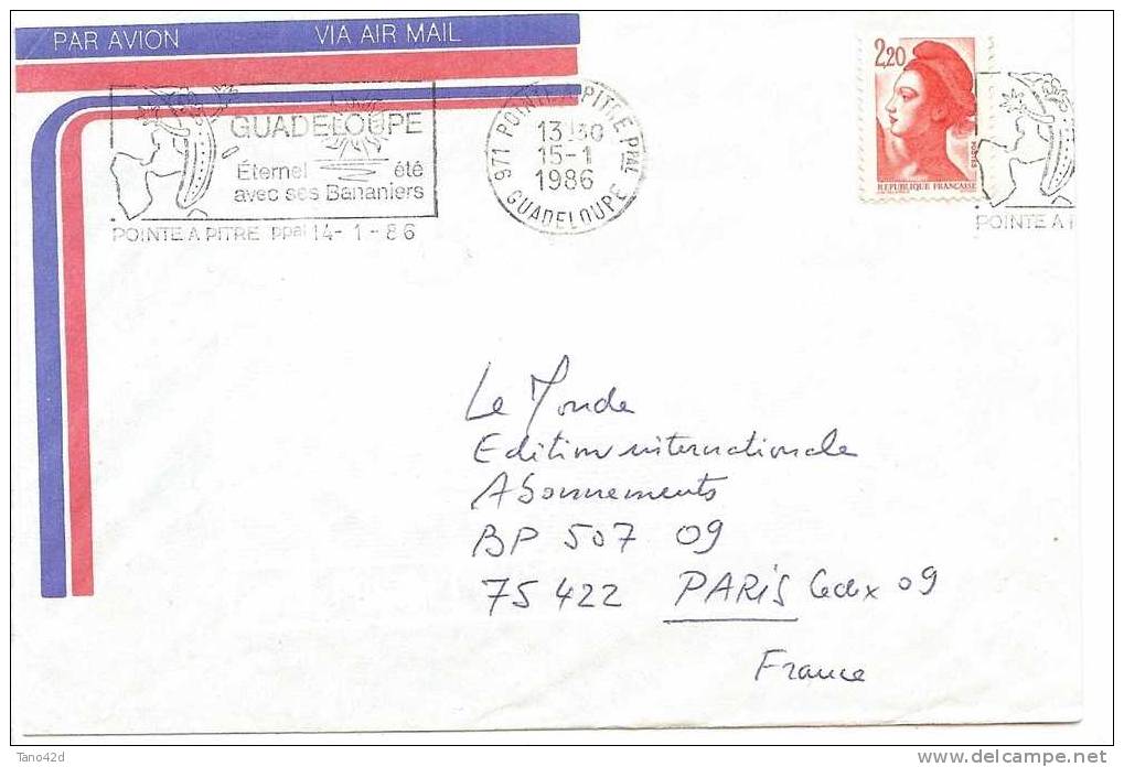 REF LGM - GUADELOUPE - LETTRE AVION POINTE  A PITRE / PARIS 15/1/1986 - ECART DE DATE ENTRE LA COURONNE ET LA PLAQUETTE - Covers & Documents
