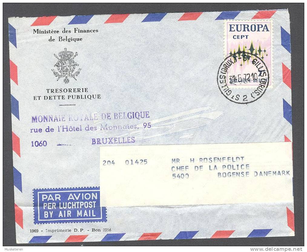 Belgium Par Avion Airmail Ministére Des Finances Tresorerie 1972 St. Gilles Cover Chef De Police Denmark Europa CEPT - Autres & Non Classés