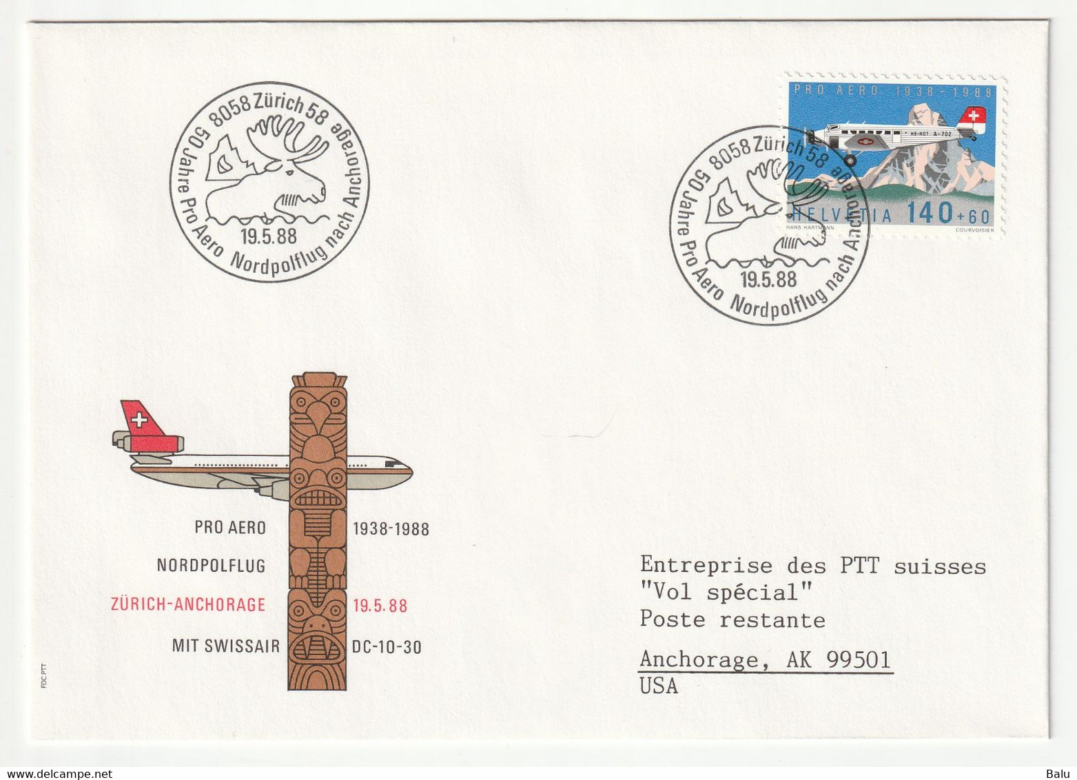 Schweiz 1988 19.5.88 Sonderflug 5 Umschläge PA 49 jeweils mit Ankunftsstempeln auf der Rückseite und Hülle. 11 Scans!