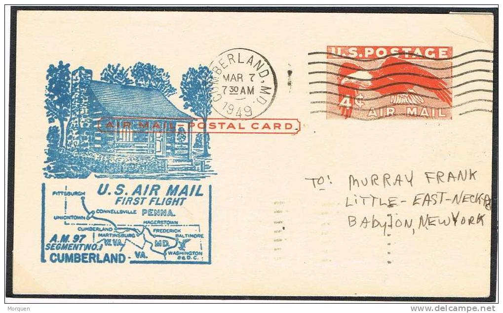 1379. Entero Postal Aerea CUMBERLAND 1949 A Babylon (NY). First Flight - ...-1900