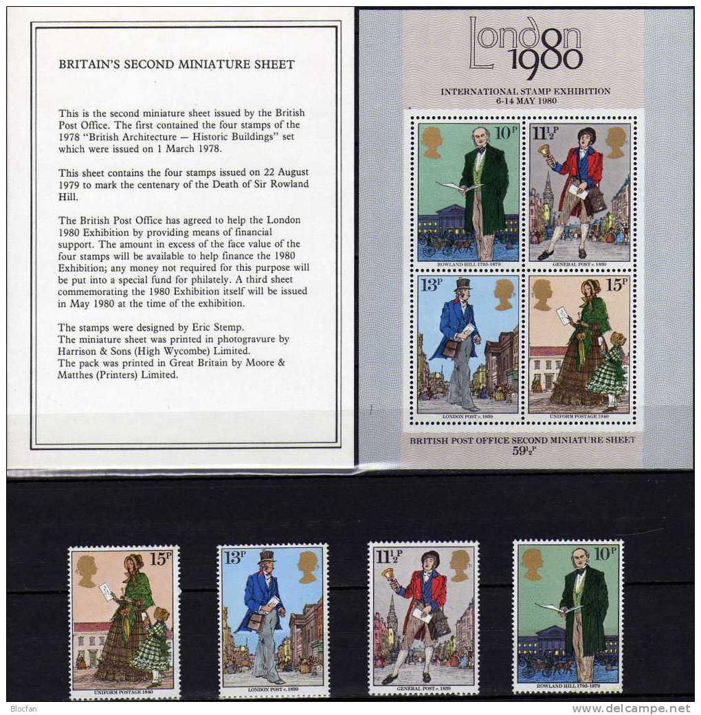 Generalpostmeister Sir Hill 1979 London Großbritannien 804/7+Block 2 Im MH ** 6€ Traditionelle Postuniform Booklet Of UK - Presentation Packs