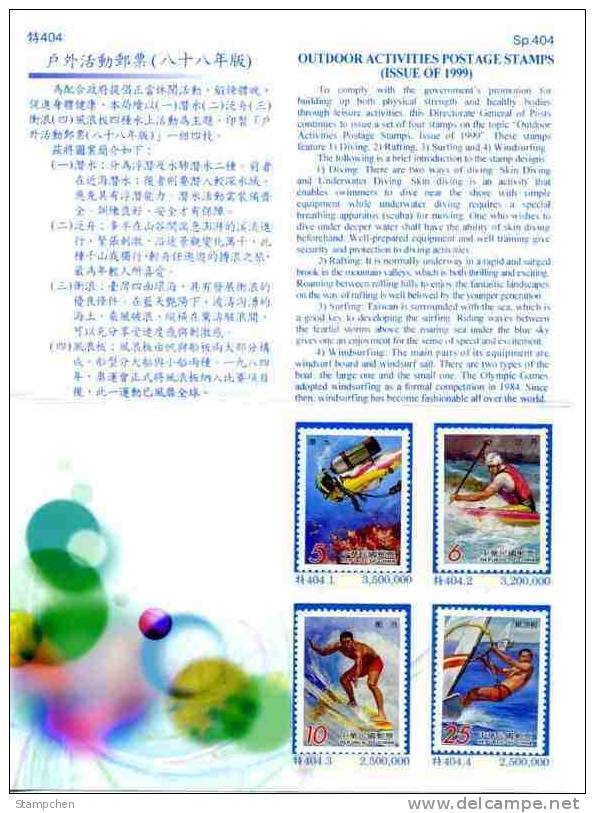 Folder Taiwan 1999 Outdoor Activities Stamps Surfing Diving Rafting Windsurfing Coral Sail Sport - Nuevos