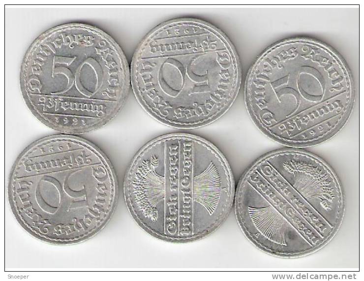 Germany,6 X50 Pfennig 1921a,km 27,1 X Unc,5 X Xf+ Xf !!!!!!! - 50 Rentenpfennig & 50 Reichspfennig