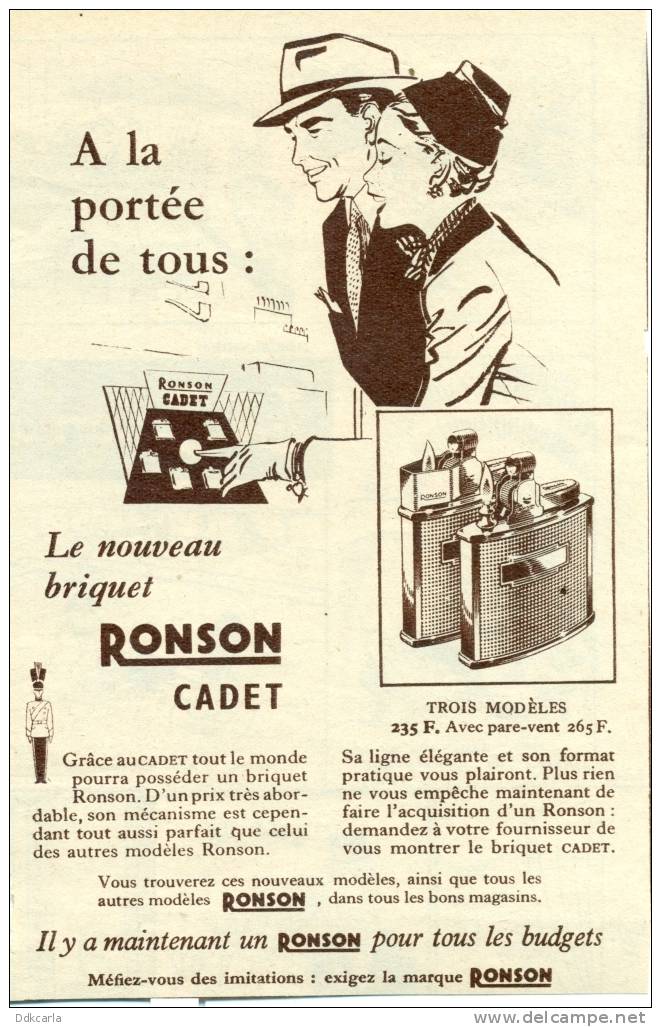 Reclame Uit Oud Tijdschrift 1954 - Briquet RONSON Cadet - Aansteker - Reclame-artikelen