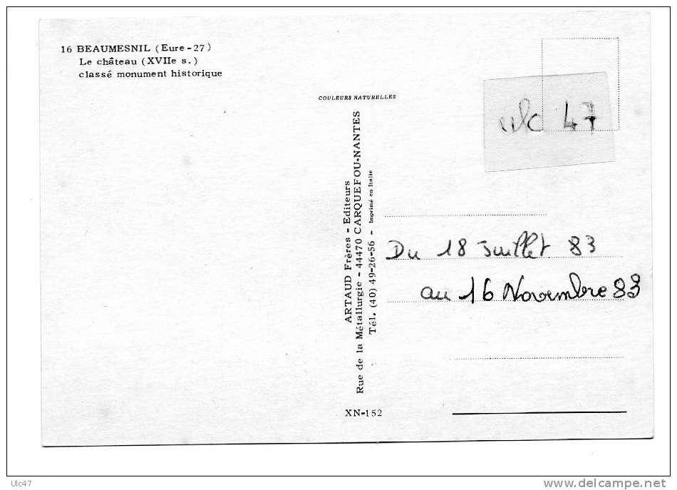 - BEAUMESNIL (Eure-27) - Le Château (XVIIe S.) Classé Monument Historique - Scan Verso - - Beaumesnil