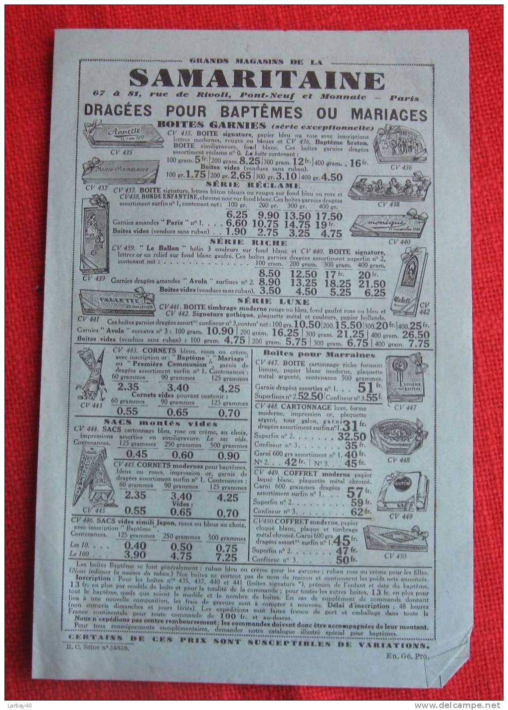 Samaritaine Dragees Pour Baptemes Ou Mariage - 1938 - Publicités
