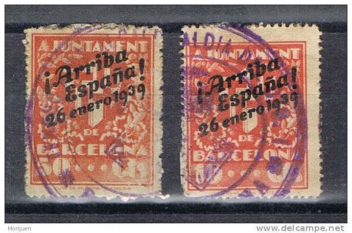 Sellos Ajuntament Barcelona. Sobrecarga Arriba España 1939 - Spanish Civil War Labels