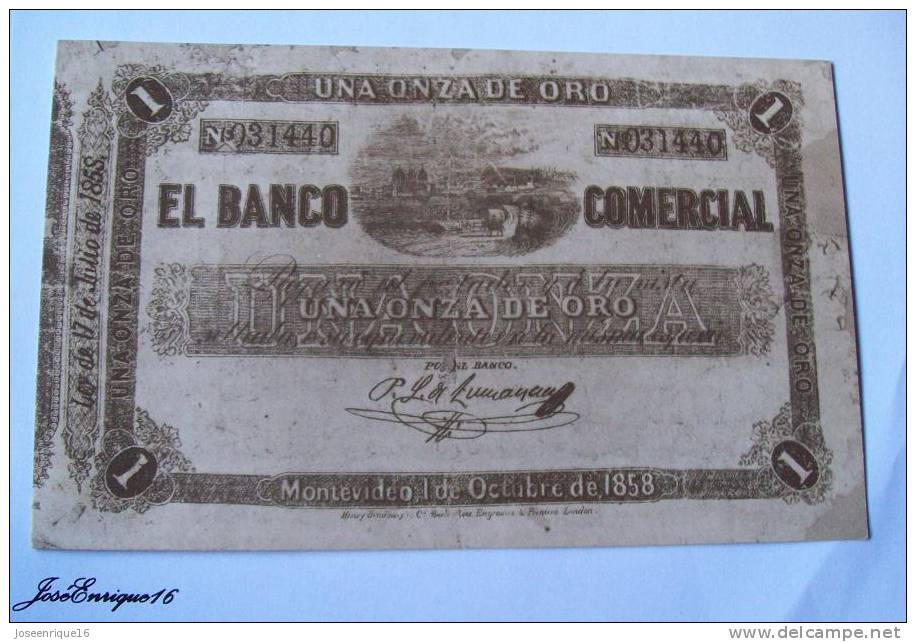BANCO COMERCIAL URUGUAY, 1975. REPLICA DE UNA ONZA DE ORO 1858 - Péniches