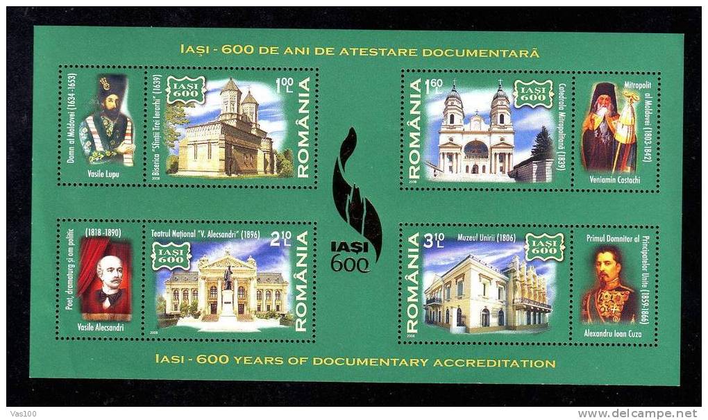 Romania 2008 MONUMENTS IASI 600 YEARS OF DOCUMENTARY ACCREDITATION,BLOCK MNH,very Good Price FACE VALUE! - Teatro