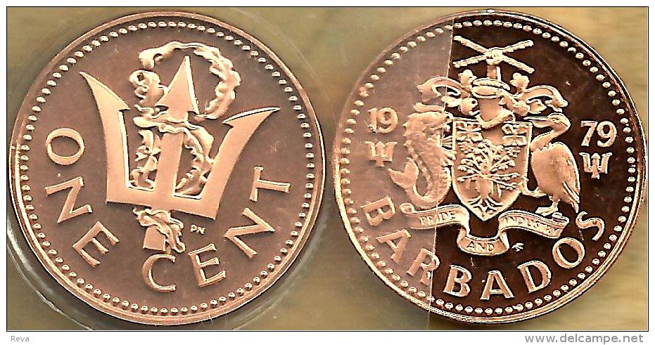 BARBADOS 1 CENT NEPTUNE'S EMBLEM  FRONT EMBLEM BACK 1974 PROOF  KM10a READ DESCRIPTION CAREFULLY !!! - Barbades