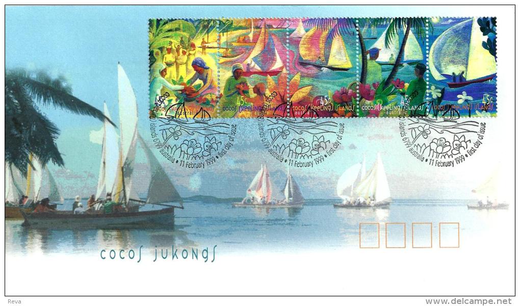 COCOS ISLANDS FDC BOATS WOMAN SET OF 5 SE-TENANT STAMPS DATED 11-02-1999 CTO SG?READ DESCRIPTION !! - Kokosinseln (Keeling Islands)