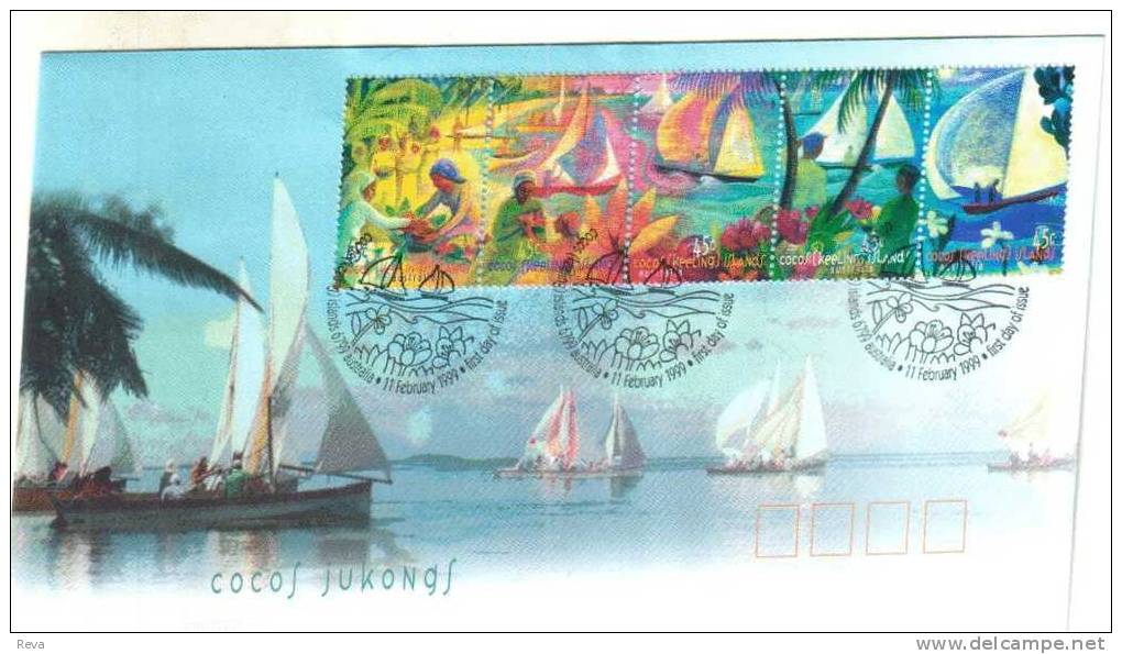 COCOS ISLANDS FDC BOATS WOMAN SET OF 5 SE-TENANT STAMPS DATED 11-02-1999 CTO SG?READ DESCRIPTION !! - Cocos (Keeling) Islands