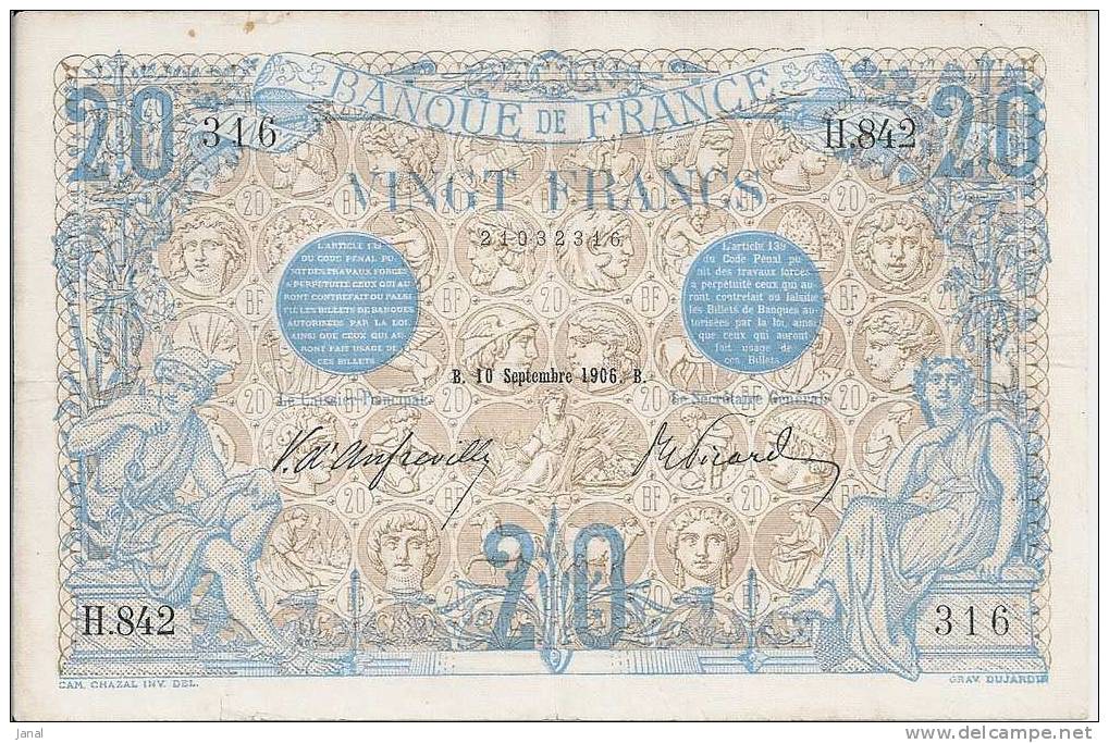 -  FRANCE - BILLET - 20 F - BLEU - B -  10 SEPTEMBRE 1906 - B  - N° 316  - - 20 F 1905-1913 ''Bleu''