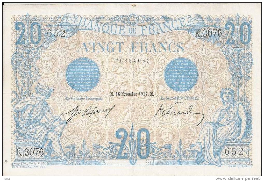 -  FRANCE - BILLET - 20 F - BLEU - M -  16  NOVEMBRE 1912 - B  - N° 652  - - 20 F 1905-1913 ''Bleu''