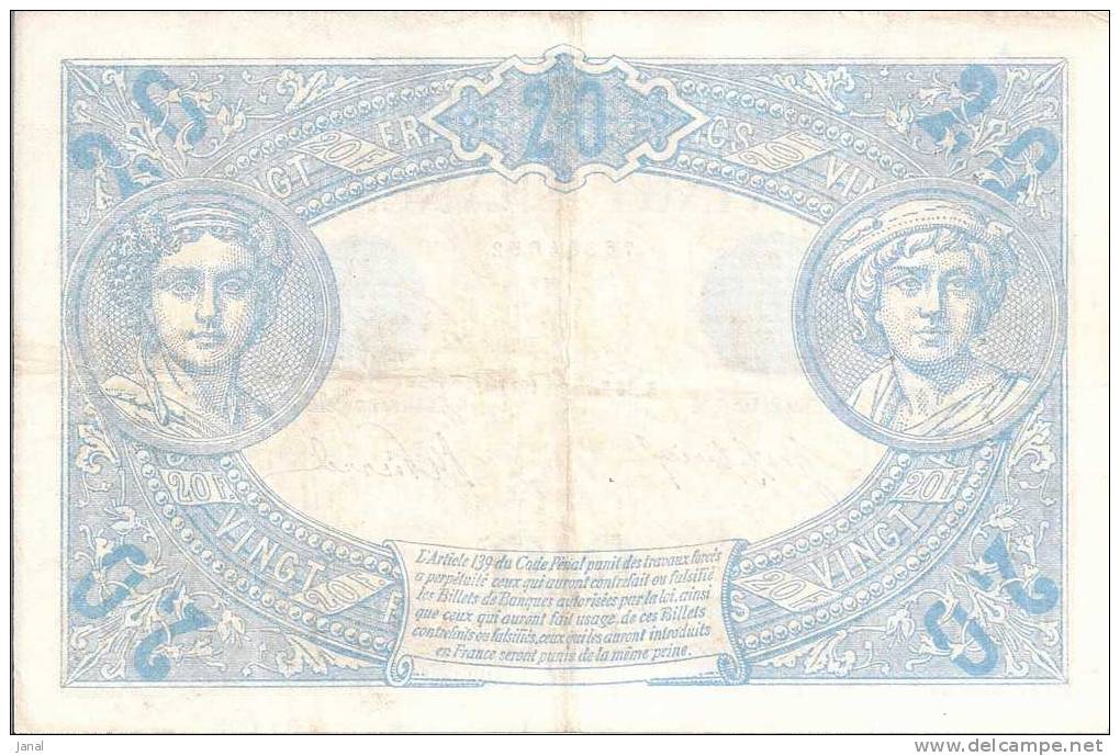 -  FRANCE - BILLET - 20 F - BLEU - M -  16  NOVEMBRE 1912 - B  - N° 652  - - 20 F 1905-1913 ''Bleu''