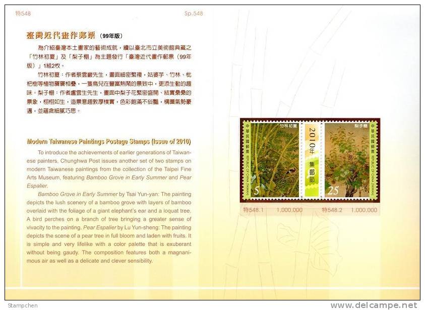 Folder Taiwan 2010 Taiwanese Painting Stamps Magnifier Philately Day Gutter Loquat Fruit Bird Pear Elephant’s Ear Bamboo - Unused Stamps