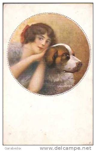 CPA Illustrée Par C. Monestier - Femme Et Chien En Médaillon. - Monestier, C.