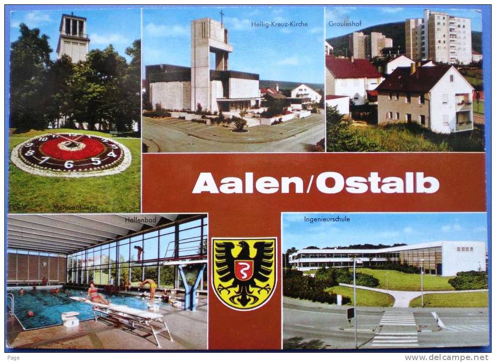 Aalen,5-Bild-Karte,1960,Heilig-Kreuz-Kirche,Grauleshof,Hallenbad,Ingenieurs Chule,Mahnmal, - Aalen