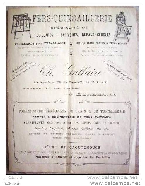 PUBLICITE ANCIENNE FERS QUINCAILLERIE FOURNITURES GENERALES DE CHAIS TONNELLERIE OUTILLAGE VINICOLE VIN BOISSONS - Material Y Accesorios