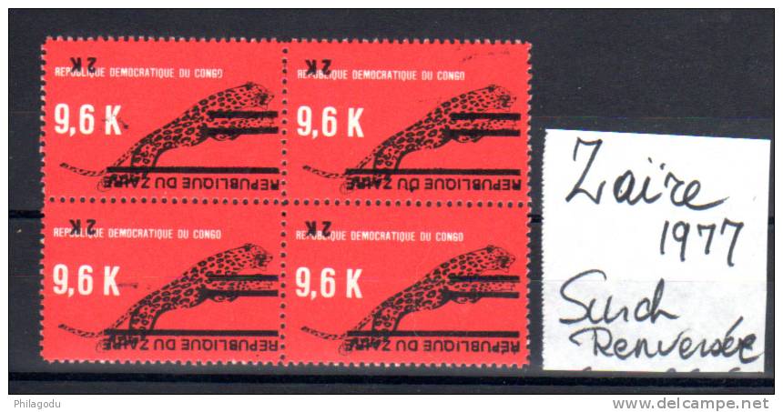 Surcharge Renversée  Zaïre 1977, Léopard, Bloc De 4 Du 907 ** - Unused Stamps