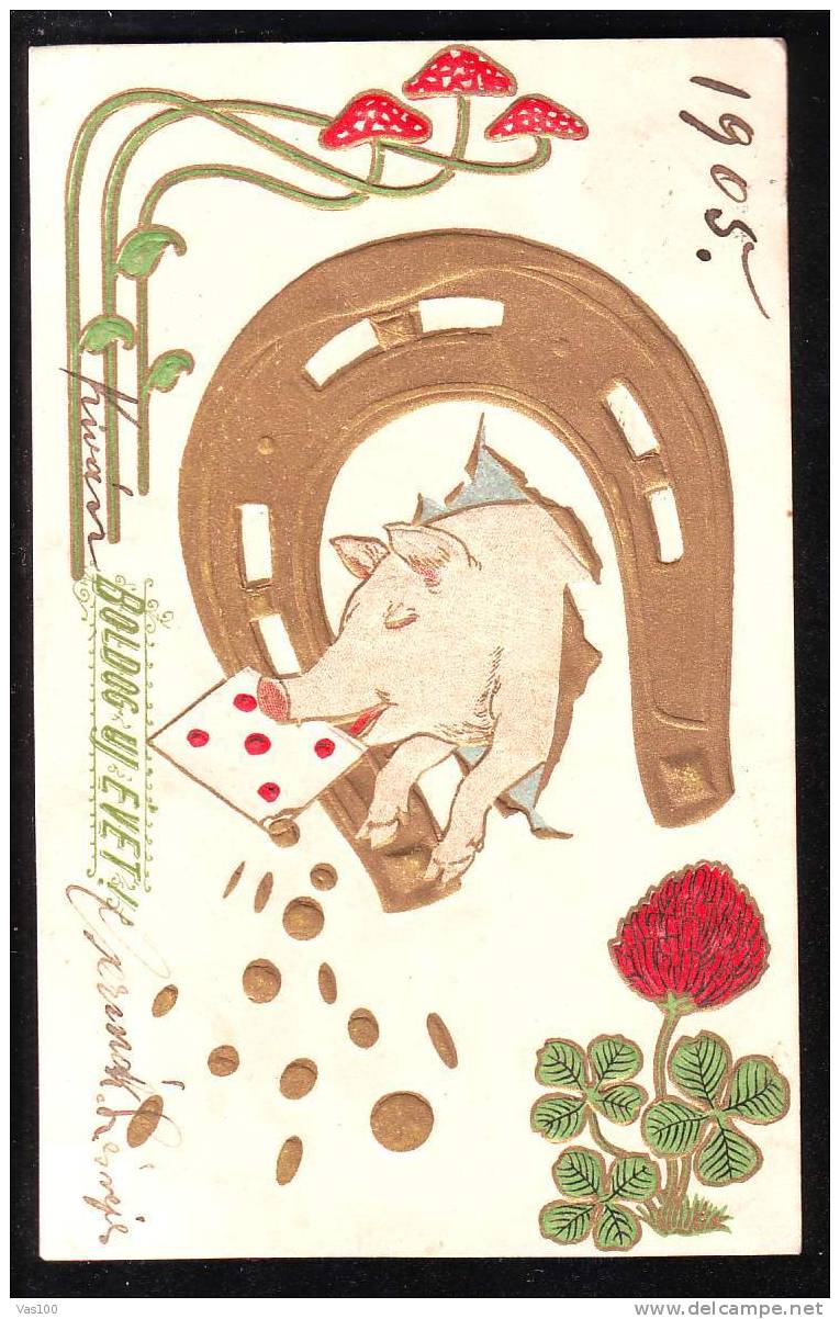 ORIGINAL VINTAGE PHOTO PC 1913 EMBOSED IMAGE! NOUEL AN,COUPLES,COCHONS,MUSHROOMS,COMIC. - Schweine