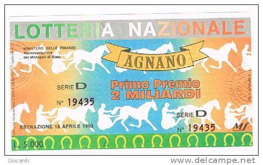 LOTTERIA NAZIONALE DI AGNANO 1993:  IPPICA - Billets De Loterie