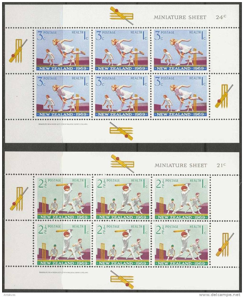 New Zealand 1969 Health Cricket 2 Miniature Sheets Of 6 MNH - Cricket