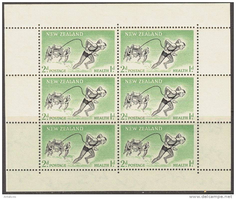 New Zealand 1957 Health 2d+1d \"Y\" Wz Vertikal Miniature Sheet Of 6 MNH - Nuovi