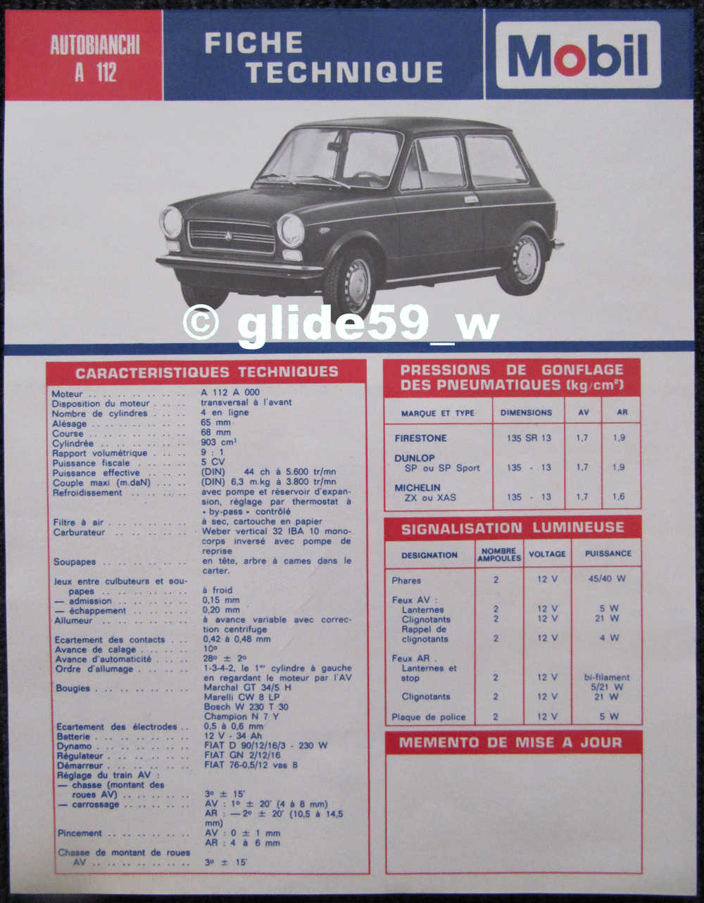 Fiche Technique Automobile - Entretien - Graissage "Mobil" - AUTOBIANCHI A 112 - Voitures