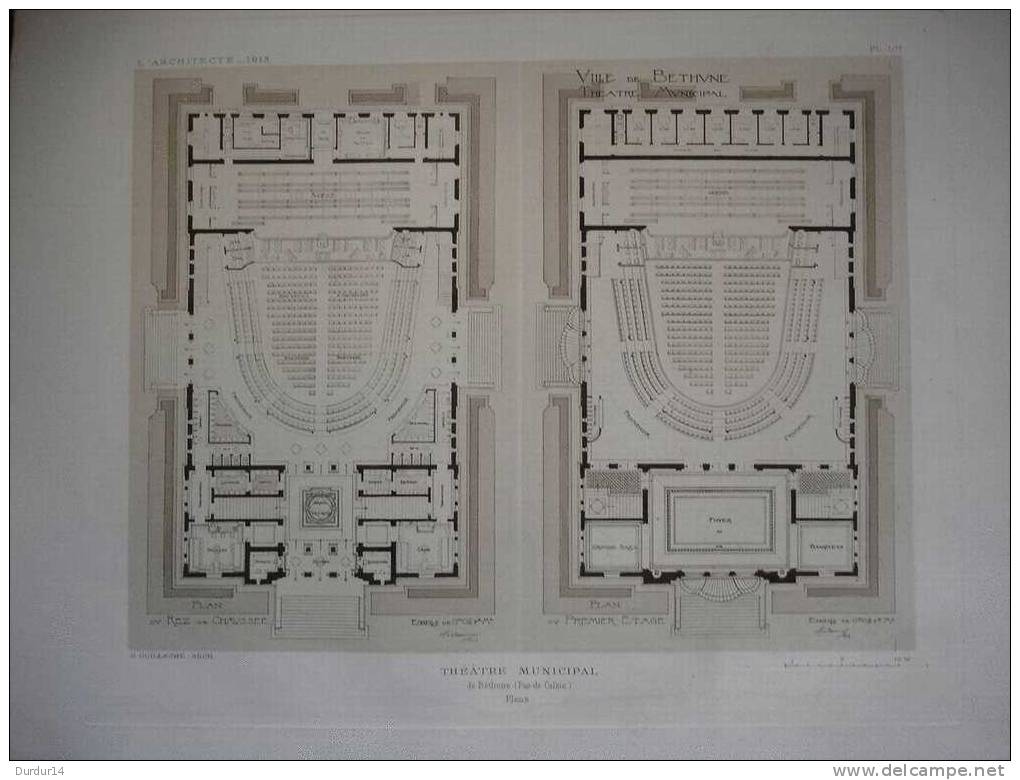 L´Architecture & Art 1913  /  THEATRE Municipal De BETHUNE ( Pas De Calais )  Plans...Rez De Chaussée Et 1er étage... - Architecture