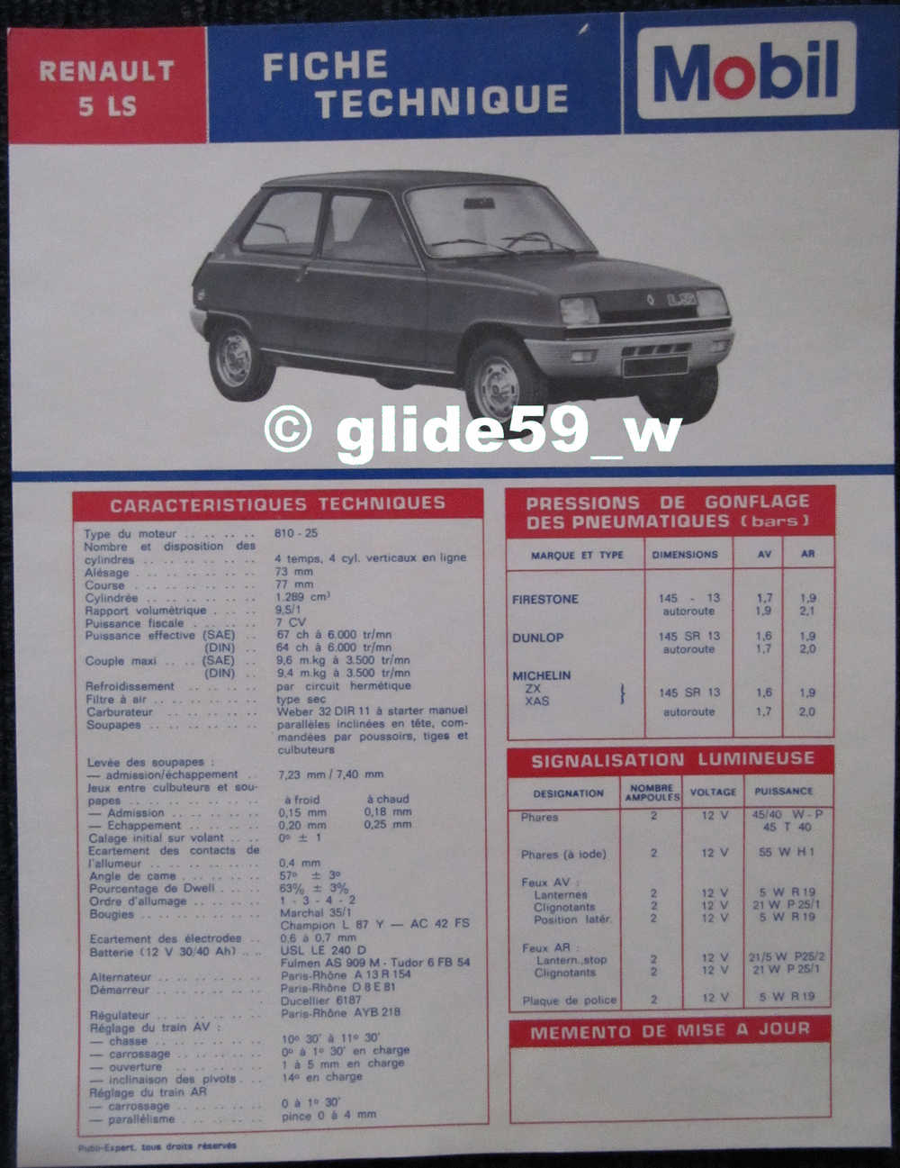 Fiche Technique Automobile - Entretien - Graissage "Mobil" - RENAULT 5 LS - Voitures