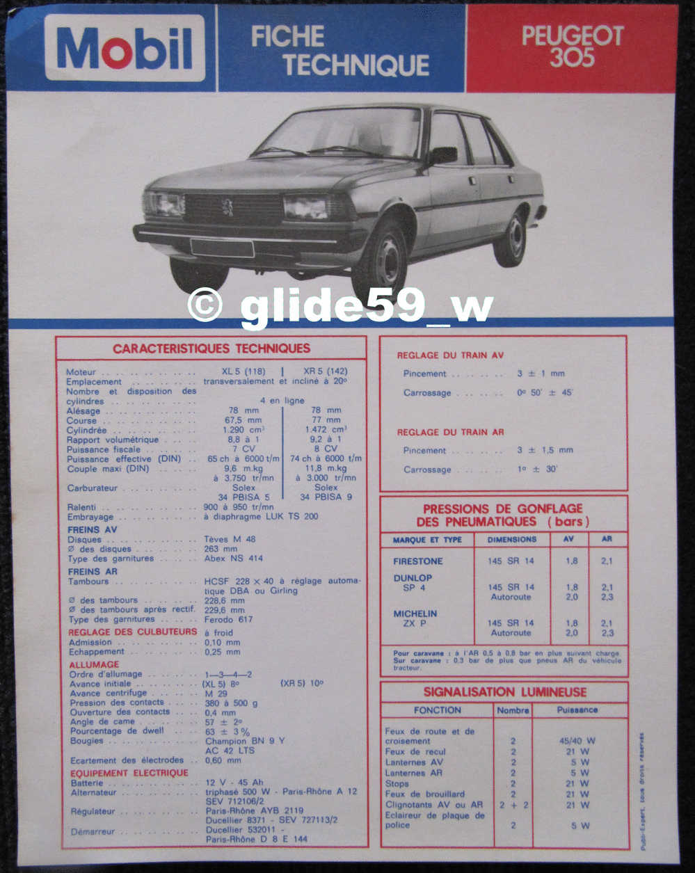 Fiche Technique Automobile - Entretien - Graissage "Mobil" - PEUGEOT 305 - Automobili