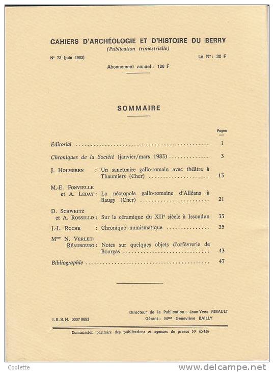 CAHIERS D'ARCHEOLOGIE ET D'HISTOIRE DU BERRY N°73 1983 Baugy  Thaumiers  (Cher) Issoudun Bourges - Centre - Val De Loire