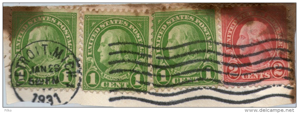 2 C.1923,perf:10,1 C.1922/23,perf:11,cancel:Detroid 29.01.1931,used On Piece,as Scan - Used Stamps