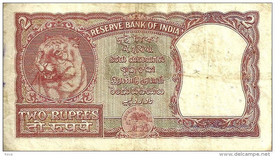 INDIA 2 RUPEES RED  EMBLEM FRONT & TIGER ANIMAL BACK ND(1957-62) SIGN.74 AF P.29b READ DESCRIPTION ! - Inde